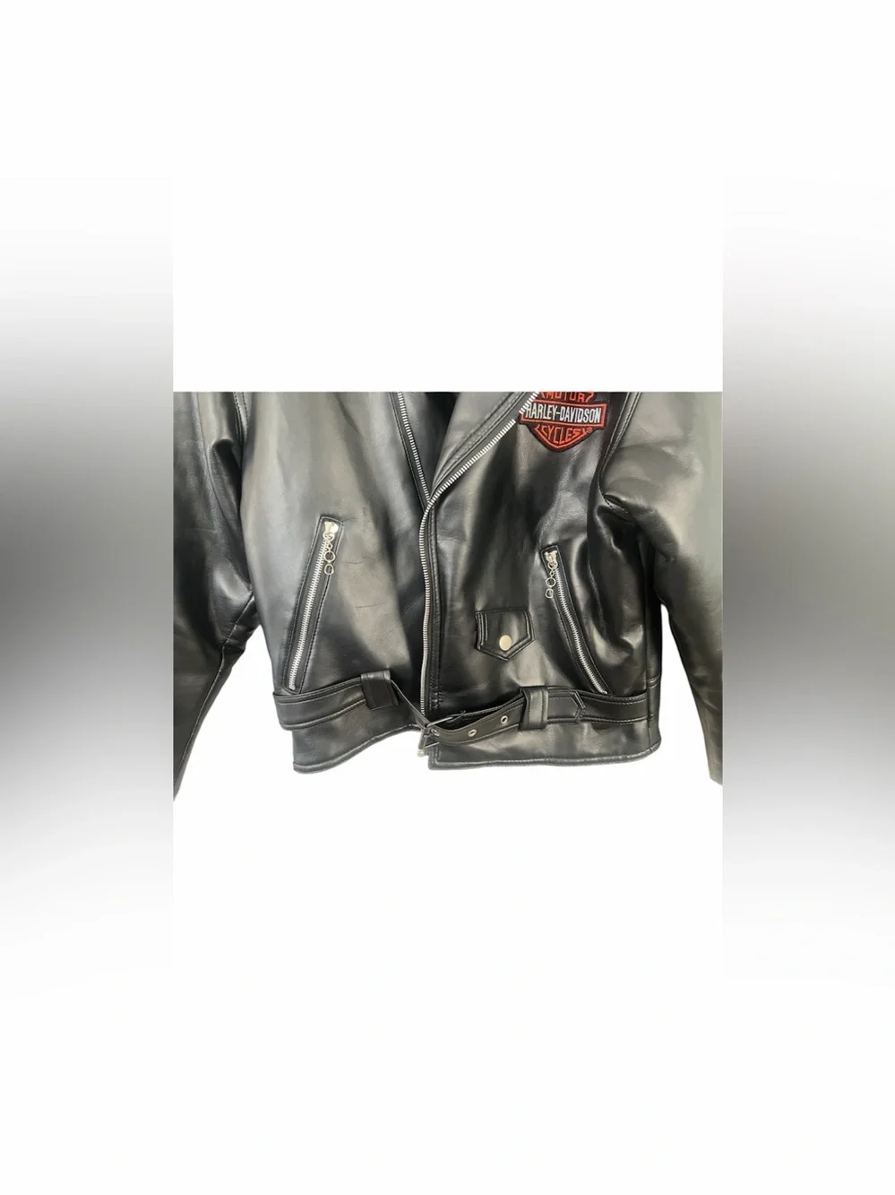 Harley-Davidson Black Faux Leather Biker Jacket with Orange Logo Accent
